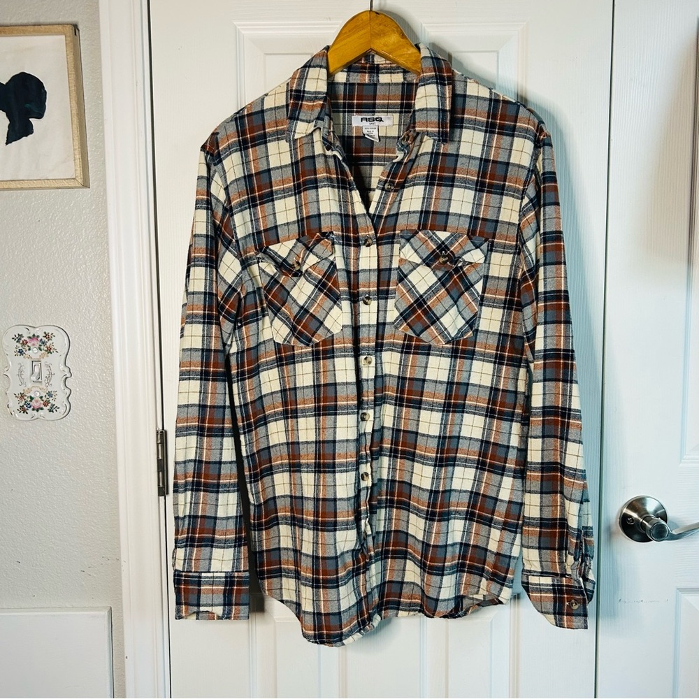 RSQ blue tan & orange plaid button down flannel shirt